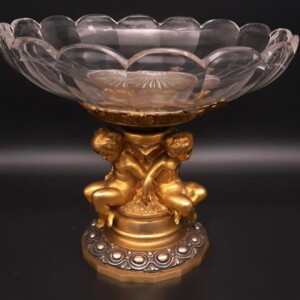 特价 法国19世纪纯铜鎏金配水晶小天使中央盘果盘有签名 西洋古董