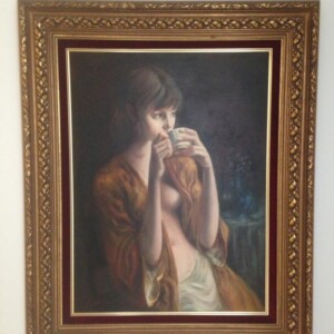 欧洲古董 西洋油画收藏 20世纪油画"喝咖啡的少女" 作者HABATER