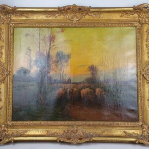 欧洲古董西洋油画 法国19世纪精美油画 夕阳下的羊群 有签名
